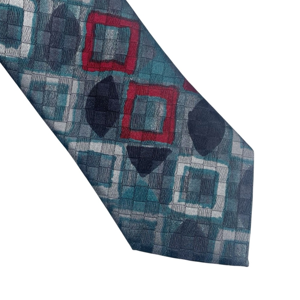 Vintage Johnny Carson Abstract Geo Wide Tie Aqua Silver Red Vintage Necktie